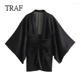 Женские блузки черная рубашка Женская кимоно винтажная пленка блузка женская ремень свободные рубашки и женщина с длинным рукавами летняя топ