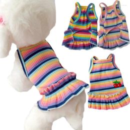 Dog Apparel Cat Dress Summer Puppy Clothes Cherry Pattern Strips Hoodie Sleeveless Kitten Shirt Suspenders Skirt For Small