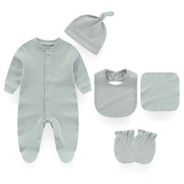 5 Pieces Solid Color Pamas Sets Cotton Romper New Born Girl Unisex Jumpsuit Spring Baby Boy Clothes Autumn L2405