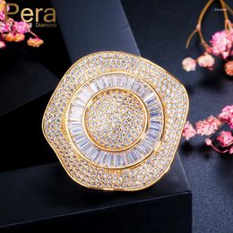 Brooches Pera Luxury Yellow Gold Colour Wedding Party Micro Pave Cubic Zircon Big Round Jewellery For Women Dress Accessories C003