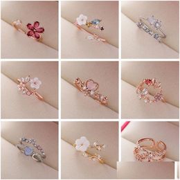 Band Rings Fashion Crystal Zircon Sweet Flower Leaf Butterfly Adjustable Open Female Engagement Jewellery Gift Drop Delivery Ring Ottpd