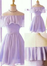 Elegantes violettes Chiffon Kurzparty Kleider eine Linie von Schulter Rückenlosen Mini Brautjungfern Kleider Teenager Heimkehr -Abschlusskleider BC18647