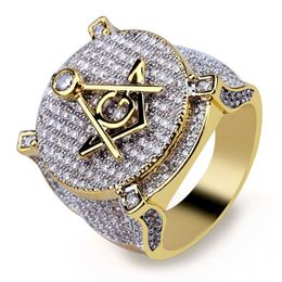 HIP Hop Micro Pave Zircon Masonic Signet Gold Ring Iced Out Full CZ Stone Round Ring for Male Women Free mason Ring Band 290p
