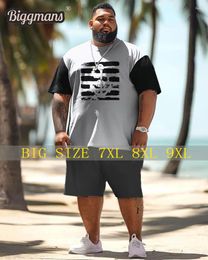 Men's Tracksuits Biggmans T-shirt Plus Size Set L-9Xl For Summer Oversize Hawaii Suit Relaxed Letter Brush Pattern Print Large 7XL 8XL