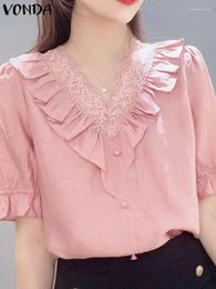 Women's Blouses VONDA Elegant Top 2024 Summer Lace Patchwork Blouse Women Shirt Sexy V-Neck Solid Colour Casual Loose Tunic Blusas Femme