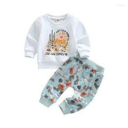 Clothing Sets Toddler Infant Baby Boys Autumn Tracksuit Outfit White Long Sleeve Letter Cactus Print Sweatshirt Drawstring Pants