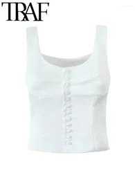 Women's Tanks GAL 2024 Summer White Sexy Women Camis Buttons Front Low Collar Sleeveless Backless Wide Straps Slim Female Crop Top Y2k