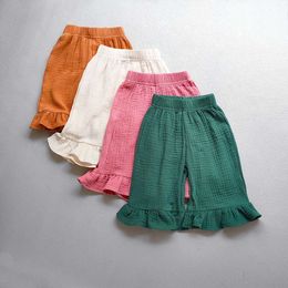 Barnkläder Bomull Ruffled blared Summer Solid Color Casual Shorts Barn Baby Girls Lose Ankle-Length Pants L2405