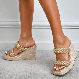 Slippers 2024 Summer Women 3.5cm Platform Wedges Heels Slides 12.5cm High Mules Sandals Lady Weave Chunky Party Gold Shoes