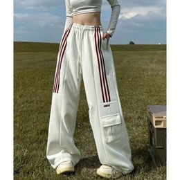 GIDYQ Women Streetwear Sweatpants American Retro Striped Loose Wide Leg Pants Casual Female Large Pocket Cargo Trousers 240517