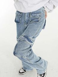 Women's Jeans Pink Cargo Pants Baggy 2024 Women Fashion 90s Streetwear Pockets Wide Leg High Waist Straight Y2k Denim Trousers Overalls