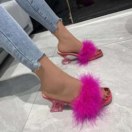 Sexy Strange Slippers Transparent Feather Sandals High Heels for Women Clear PVC Square Open Toe Fur Ladies M f78