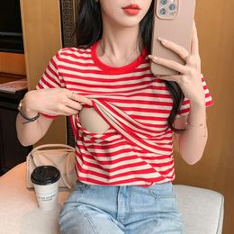 Maternity Breastfeeding Top Striped Cotton Nursing Tops T Shirt for Pregnant Women Summer Tees Short Sleeve Pregnancy T-shirt 240524