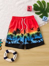 Shorts Kids Swim Trunks Coconut Trees Dinosaur 3D Printed Elastic Waist Drawstring Beach Pants Swim Shorts For Boy Summer Kids Clothes T240524