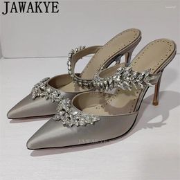 Slippers Crystal Satin High Heel Mules Woman Summer Sexy Pointed Wrap Toe Street S Bridal Shoes Elegant Formal Party