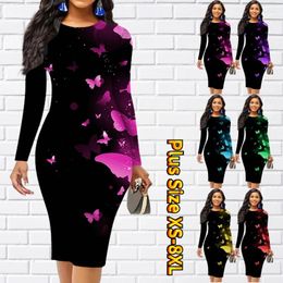 Casual Dresses Autumn Women's Knee Skirt Sexy Sheath Winter Slim Design Printed Long Sleeve Round Neck MIDI