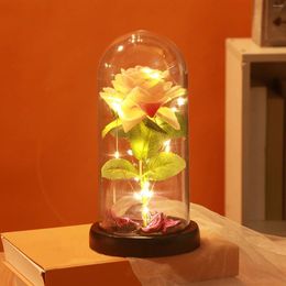 Decorative Flowers Valentine Gift Simulation Rose Flower Glass Cover LED Home Decoration Eternal Acrylic Ornament Set With Topper