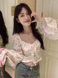 Women's Blouses Summer Square Collar Blouse Women Floral Print Sweet Female Long Sleeves Chiffon Shirt Fashion Short Tops