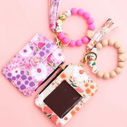 Purse Silicone Bead PU Leather Keychain Bracelet ID Keychain Wallet Womens Pink Flower Printed Wallet Y240524