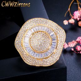 Brooches CWWZircons Sparkling Lotus Shape Yellow Gold Colour CZ Zirconia Women Large Flower Brooch For Wedding Party Dress Jewellery BH011