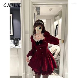 Casual Dresses CJFHJE Vintage Red Mini Dress Women Y2K Bow Lace Patchwork A Line Christmas Party Sweet Korean Square Collar Vestidos