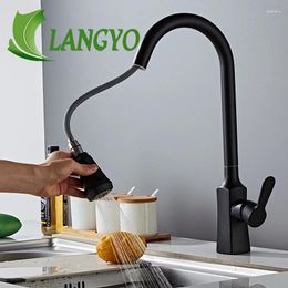 Kitchen Faucets LANGYO Black&Chrome Vessel Sink Swivel Cold Water Solid Brass Taps Deck Mount Pull Out Faucet