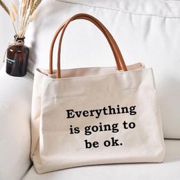 Shopping Bags Everything Is Ok Print Tote Bag Gifts For Friends Women Canvas Beach Travel Lunch Customise