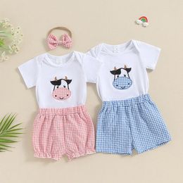 Clothing Sets EWODOS Born Baby Boy Girl Summer Clothes Cow Embroidery Print Short Sleeve Romper Plaid Bloomers Shorts Set Cute Outfit