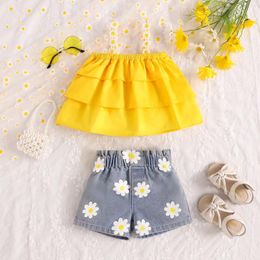 Clothing Sets Kids Girls Summer Clothes Tiered Ruffles Applique Flower Straps Camisole With Daisy Print Denim Shorts 2Piece Girl Outfits