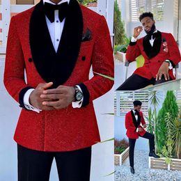 Glitter Red Sequins Mens Suits Groom Wear Wedding Blazer Tuxedos Formal Business Prom Pants Coat Jacket 3 Pieces 267e
