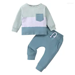 Clothing Sets Baby Girl Boy Casual Clothes Contrast Colour Patchwork Pocket Long Sleeve Tops And Elastic Waist Solid Pants