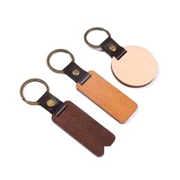 Keychains Lanyards Leather Beech Wood Carving Diy Engraved Keychain Key Rings For Men Women Birthday Party Anniversary Gift Drop Deliv Otdnh