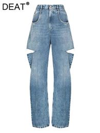 Women's Jeans DEAT Fashion Womens Loose High Waist Wide Leg Denim Pants Hollow Blue Long Straight Jeans 2024 Summer New L2901H Q240523