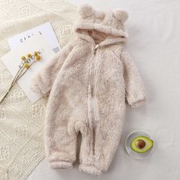 Thick Warm Baby Cute Winter Infant Jumpsuits Hooded Coral Fleece Bear Shape Newborn Soft Pamas Overalls Clothing L2405