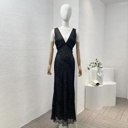 Casual Dresses Black Leopard Print Sleeveless V-neck Midi Dress Self Tie Bow Back At Waist 2024 High Quality Silk Summer Clothes For Women