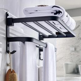 Bathroom Towel Rack Matte Black Towel Holder Aluminum Wall Mounted Folding Storage Shelf Hotel Towel Hanger Hook Accessories WF