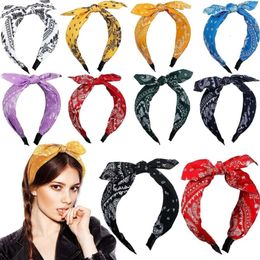 2024 Boho Floral Print Headbands Bow Wide Brimmed Head Women Vintage Elegant Headwear Cross Knot Hair Hoop For Vocation L2405