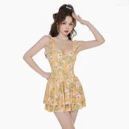 Women's Swimwear One-Piece Skirt Women 2024 Korean Style Fresh Conservative Cover Belly Chest Boxer One Piece Swimsuit