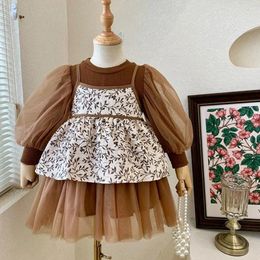 Girl Dresses Girls Casual Baby Mesh Sleeve Infant Princess Dress Crushed Flower 2 Piece Set 0-2 Years Korean Autumn Clothing