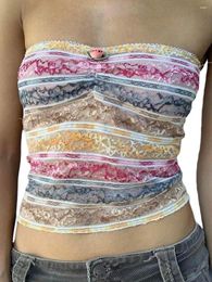 Women's Tanks Women Y2k Floral Lace Embroidery Patchwork Crop Tube Top Sexy Strapless Block Colour See Through Bandeau Streetwear