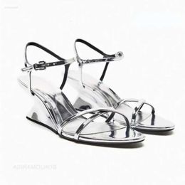Metallic Heels High Sandals Sliver Wedges Bling for Women Narrow Band Buckle Strap Sexy Brand Shoes Open Toe Su dcd