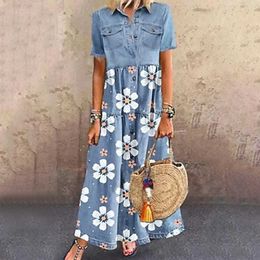 Basic Casual Dresses New in Formal Occasion Dresses for Women 2023 Long Solid Denim Pleated Short Slve Shirt Dress vestidos para mujer T240523