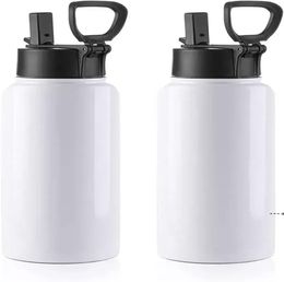 Sublimation Blank Tumbler 32 OZ White Vacuum Flask Stainless Steel Sports Wide Mouth Water Bottle with Straw and Portable Handle N7791300