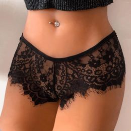 Women's Panties Lace Embroidery Thongs Womens Solid Elastic High Waisted Sexy Mesh Transparent Underwear Ladies Briefs Daily Spleewear