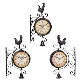 Double Sided Wall Clock Garden Porch Hanging Retro Station Home Decor Outdoor Two Faces Antique Round Silent 240514