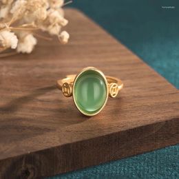 Cluster Rings 2024 Copper Gold Plated Ingot Coin Natural Chrysoprase Green Jade Beads Ring Vintage China Style Women Jewelry Gift