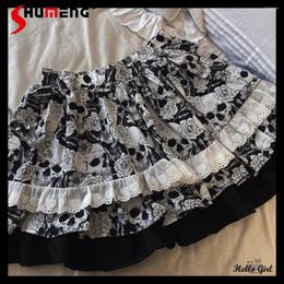 Skirts Mine Punk Style Skull Rose Flower Short Skirt Female 2024 Japanese Sweet Lace Stitching A-line Cake For Women