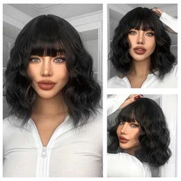 Synthetic Wigs Water wave short Bob Coloured wig with air bangs shoulder long wig female curly wave synthetic role-playing wig Q240523