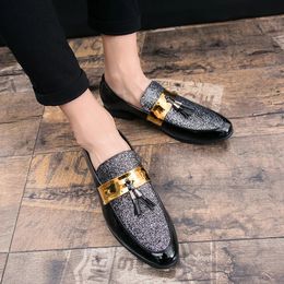Men Party Flats Black Golden Formal Patchwork Tassel Leather Casuals Shoe Handmade Wedding Loafers Moccasins Dress Shoes 240524