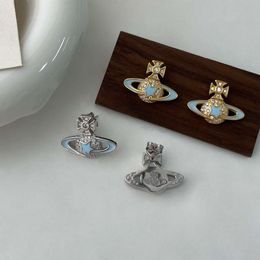 S925 viviane Westwood Silver Saturn Empress Dowager High-end Blue Earrings With Full Diamonds Gentle Temperament Simple A